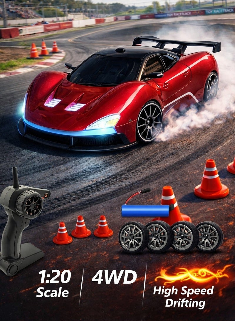 Norello 1:20 Scale 4WD RC Drift Car for Beginners - Easy-to-Control High Speed Racing Toy with RGB Lights - Brain Development & Hand-Eye Coordination Gift for Kids 3+ (Red) - Image 3