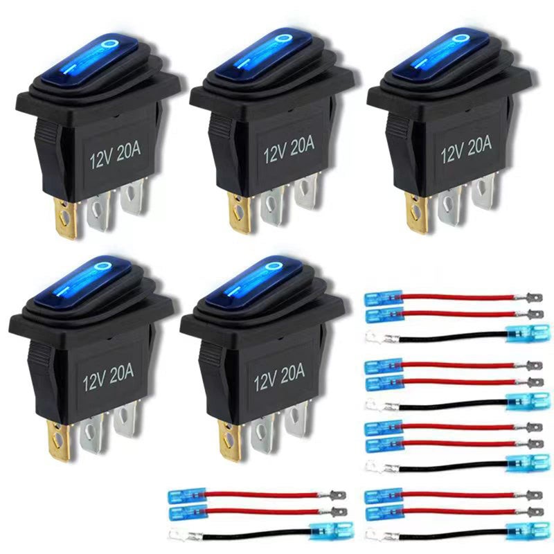 TIANWIDJEW 12v Rocker Switch Waterproof 5 PCS - 12 Volt Toggle Switch with 3 20cm Detachable Wires, SPST 3 Pin On Off Switches Snap-in Design Square Switch with Blue LED Light for Car Boat Marine RV Truck KCD3 - Image 1