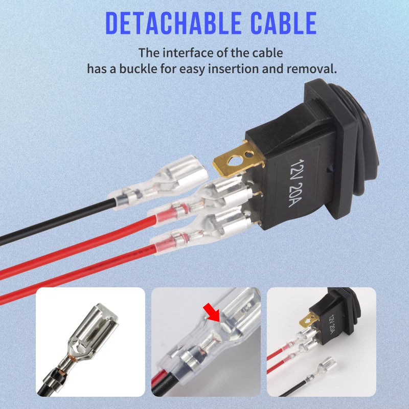 TIANWIDJEW 12v Rocker Switch Waterproof 5 PCS - 12 Volt Toggle Switch with 3 20cm Detachable Wires, SPST 3 Pin On Off Switches Snap-in Design Square Switch with Blue LED Light for Car Boat Marine RV Truck KCD3 - Image 4