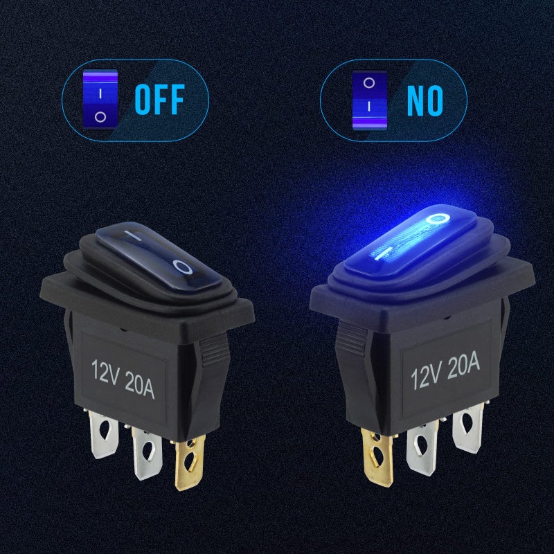 TIANWIDJEW 12v Rocker Switch Waterproof 5 PCS - 12 Volt Toggle Switch with 3 20cm Detachable Wires, SPST 3 Pin On Off Switches Snap-in Design Square Switch with Blue LED Light for Car Boat Marine RV Truck KCD3 - Image 2