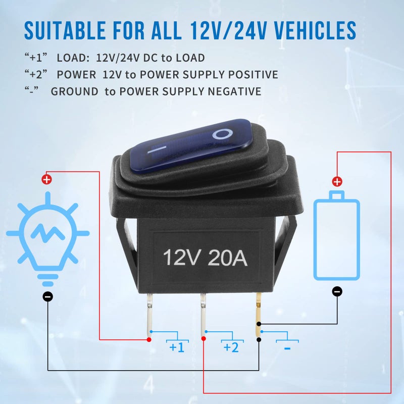 TIANWIDJEW 12v Rocker Switch Waterproof 5 PCS - 12 Volt Toggle Switch with 3 20cm Detachable Wires, SPST 3 Pin On Off Switches Snap-in Design Square Switch with Blue LED Light for Car Boat Marine RV Truck KCD3 - Image 5