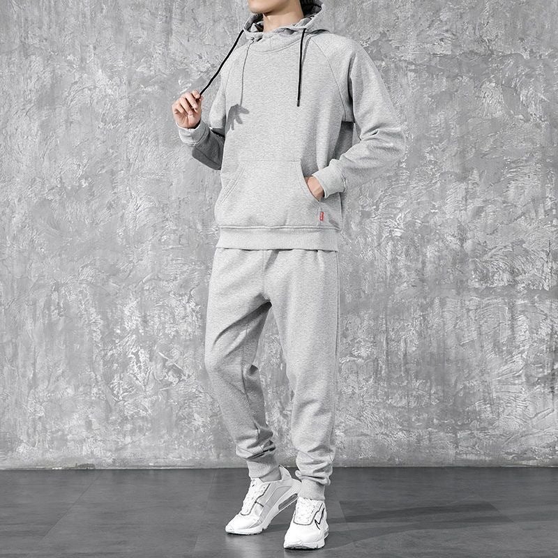 Spring and Autumn Pullover Sportswear Cardigan Hoodie Set Casual Loose Solid Color All-match Fashionable Youth Jacket Grey (pullover sweater suit) 