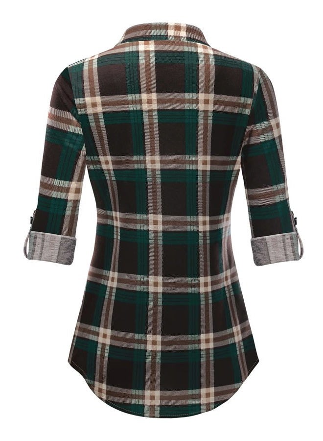 DJT Womens Soft Stretchy Fabric Knit Long Sleeve Collared Button Down Plaid Shirts for Women Tops Small Coffee-Green - Image 3