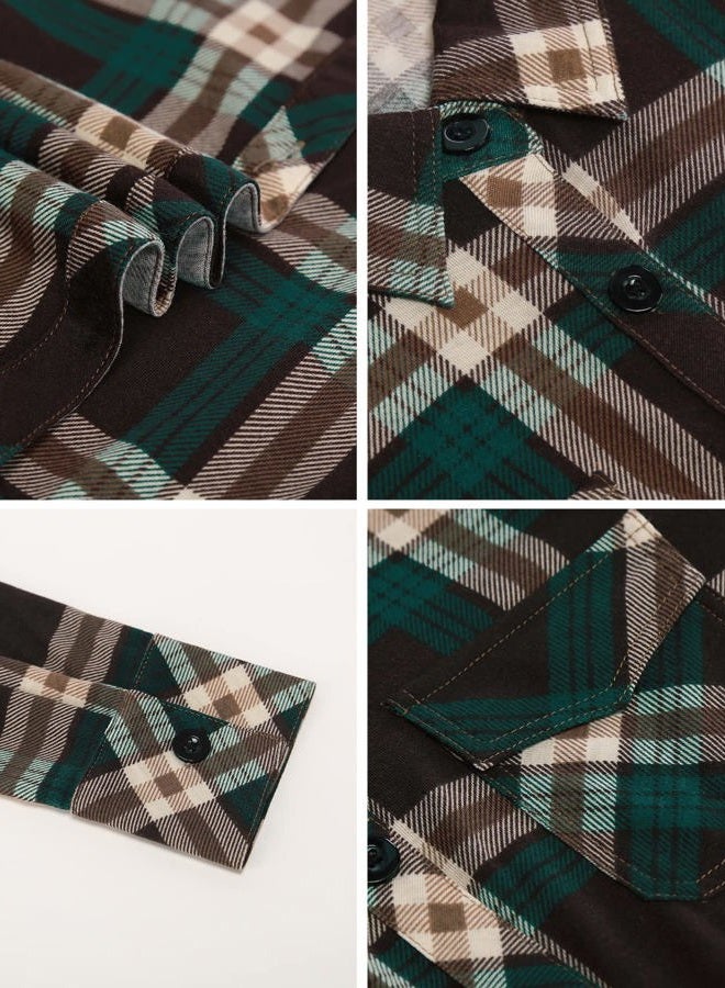DJT Womens Soft Stretchy Fabric Knit Long Sleeve Collared Button Down Plaid Shirts for Women Tops Small Coffee-Green - Image 4