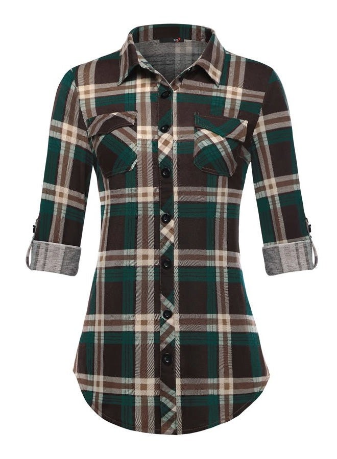 DJT Womens Soft Stretchy Fabric Knit Long Sleeve Collared Button Down Plaid Shirts for Women Tops Small Coffee-Green - Image 1