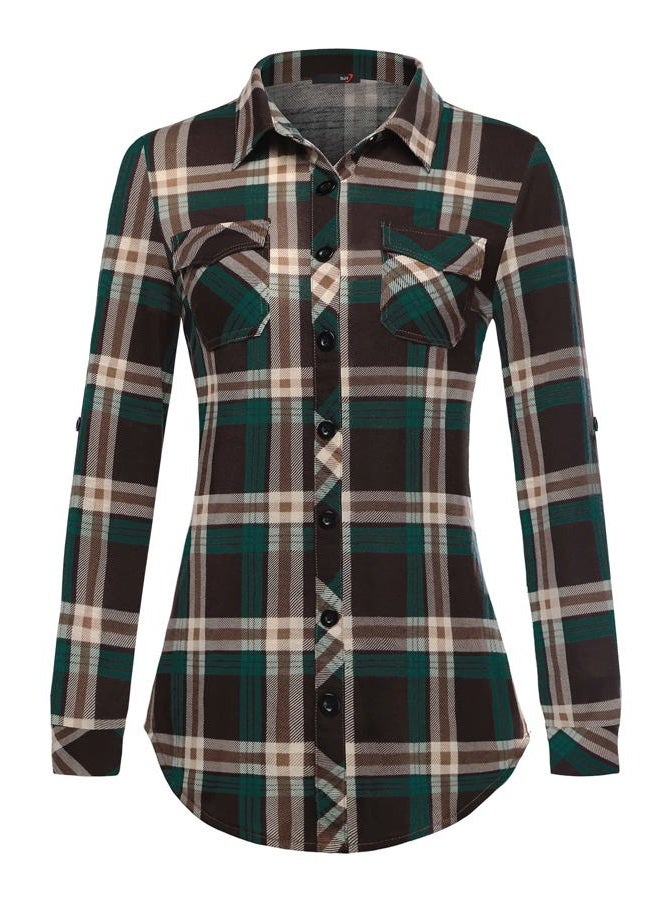 DJT Womens Soft Stretchy Fabric Knit Long Sleeve Collared Button Down Plaid Shirts for Women Tops Small Coffee-Green - Image 2