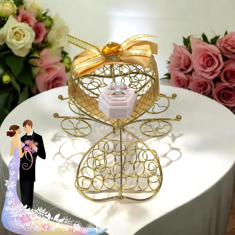 Vrindavanstore.in صندوق هدايا على شكل قلب ذهبي - عربة سندريلا الأنيقة - حامل خاتم أو حلوى للزفاف، أعياد الميلاد، حفلات استقبال المواليد وديكور المنزل (1-عبوة) - Image 5