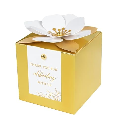 FEIYI 20 PCS Gold Gift Boxes, 3 In 1 Favor Boxes with Floral Decor, White Thank You Tags Cupcake Containers Gift wrapping for Wedding, Baby Shower, Birthday, Decorations Party - 3.55x3.55x3.55 - Image 1