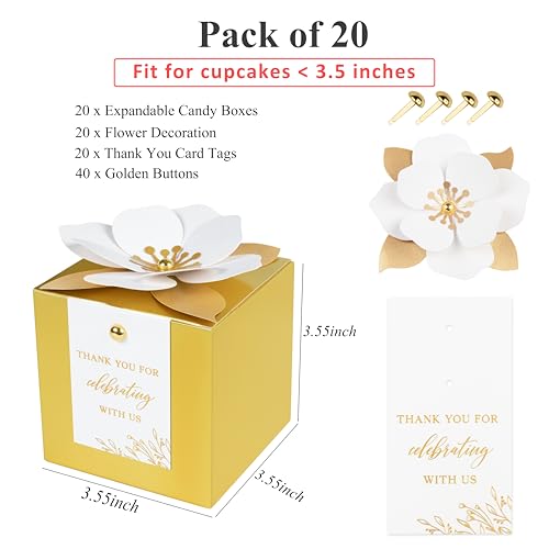 FEIYI 20 PCS Gold Gift Boxes, 3 In 1 Favor Boxes with Floral Decor, White Thank You Tags Cupcake Containers Gift wrapping for Wedding, Baby Shower, Birthday, Decorations Party - 3.55x3.55x3.55 - Image 2