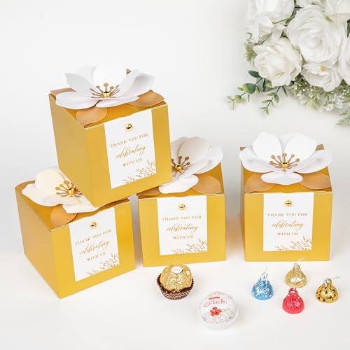 FEIYI 20 PCS Gold Gift Boxes, 3 In 1 Favor Boxes with Floral Decor, White Thank You Tags Cupcake Containers Gift wrapping for Wedding, Baby Shower, Birthday, Decorations Party - 3.55x3.55x3.55 - Image 3