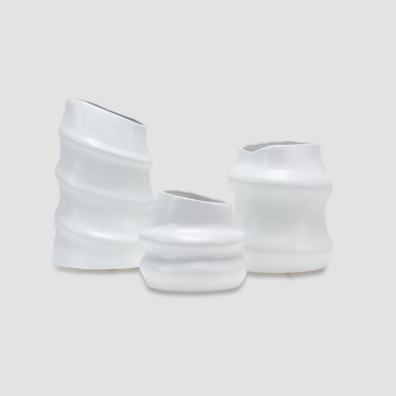 AL HUZAIFA FURNITURE Loeth Irregular Cylindrical Vase, Set Of 3, Matte White Finish - Image 1