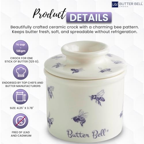 Butter Bell - The Original Butter Bell crock by L Tremain, a Countertop French Ceramic Butter Dish Keeper with Lid for Spreadable Butter, Farmhouse Collection, Honey Bees, Blue & White - Image 5