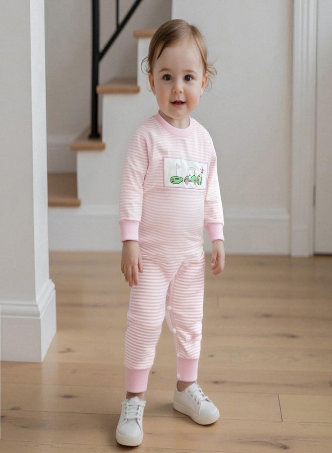 Lenjindjer Newborn Baby Boy Girl Fall Winter Clothes Striped Golf Cart Embroidered Long Sleeve Golf Jumpsuit One Piece Outfit (Pink, 3-6 Months) - Image 5
