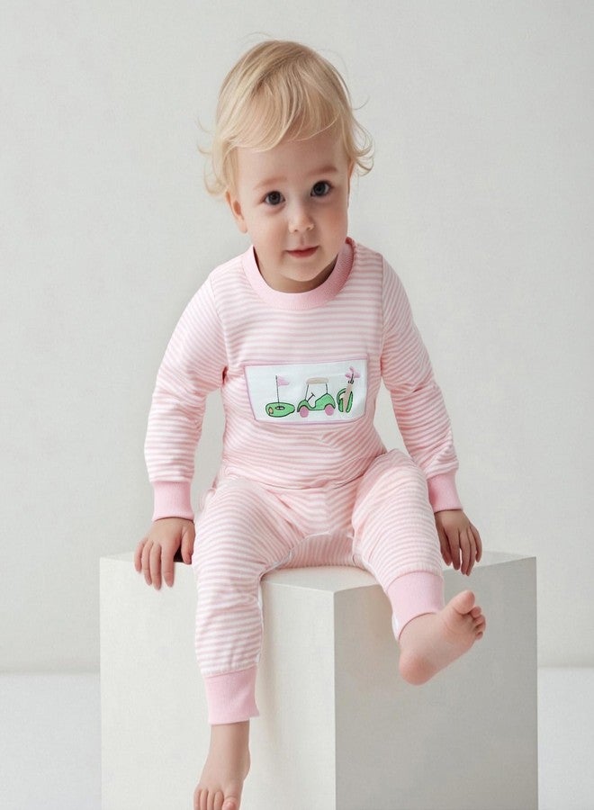 Lenjindjer Newborn Baby Boy Girl Fall Winter Clothes Striped Golf Cart Embroidered Long Sleeve Golf Jumpsuit One Piece Outfit (Pink, 3-6 Months) - Image 3