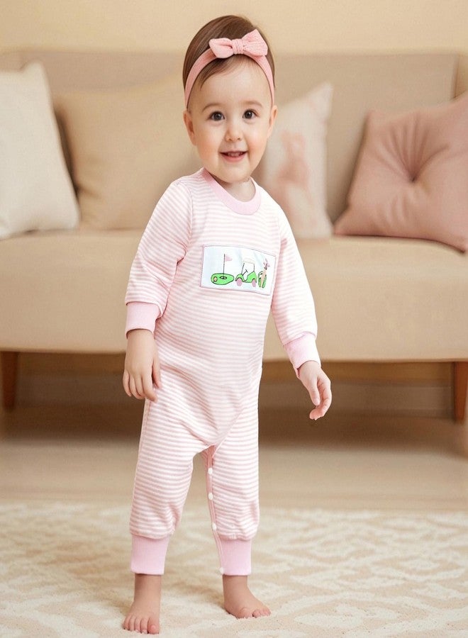 Lenjindjer Newborn Baby Boy Girl Fall Winter Clothes Striped Golf Cart Embroidered Long Sleeve Golf Jumpsuit One Piece Outfit (Pink, 3-6 Months) - Image 2