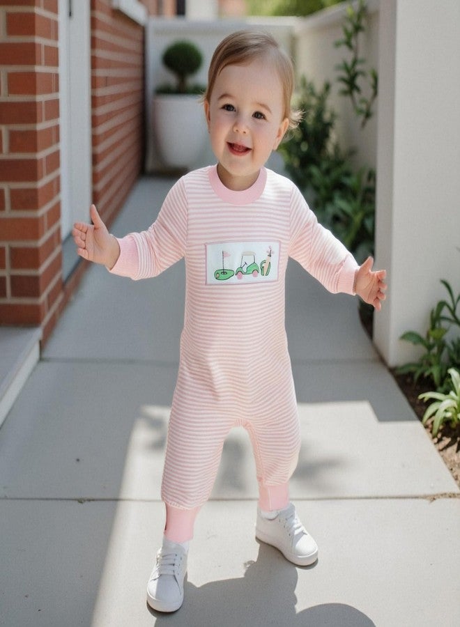 Lenjindjer Newborn Baby Boy Girl Fall Winter Clothes Striped Golf Cart Embroidered Long Sleeve Golf Jumpsuit One Piece Outfit (Pink, 3-6 Months) - Image 4