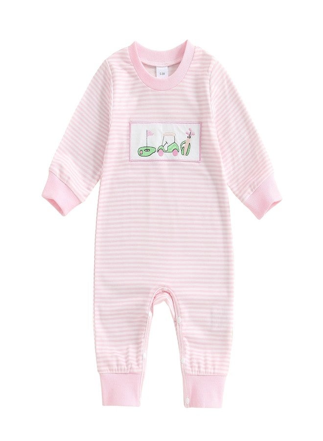 Lenjindjer Newborn Baby Boy Girl Fall Winter Clothes Striped Golf Cart Embroidered Long Sleeve Golf Jumpsuit One Piece Outfit (Pink, 3-6 Months) - Image 1