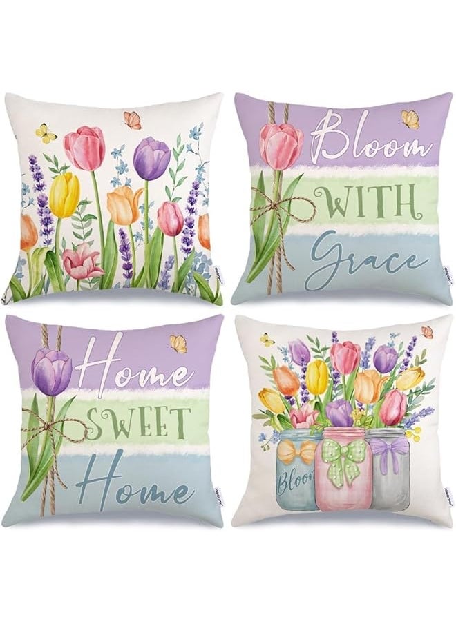 The Bros Spring Summer Throw Pillow Covers, 4Pcs Farmhouse Garden Colorful Polyester Pillows Case 18x18 Inch, Floral Tulips Home Bloom with Grace Seasonal Decorative for Patio Sofa Bed Home  - Image 1