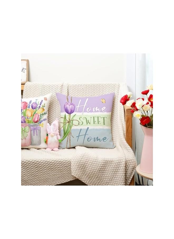 The Bros Spring Summer Throw Pillow Covers, 4Pcs Farmhouse Garden Colorful Polyester Pillows Case 18x18 Inch, Floral Tulips Home Bloom with Grace Seasonal Decorative for Patio Sofa Bed Home  - Image 3