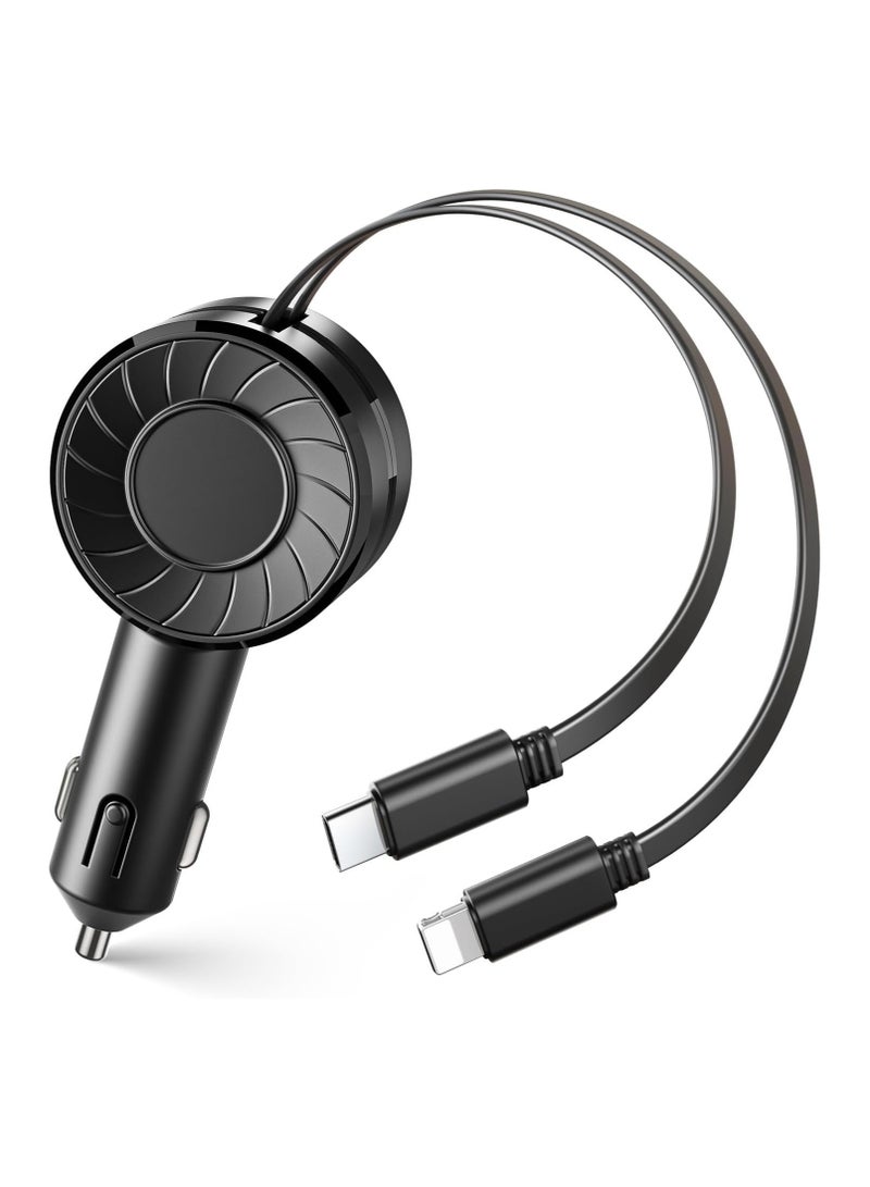 عام شاحن سيارة قابل للطي، محول سيارة صغير، شاحن 3 في 1 صغير قابل للطي، شاحن سيارة سريع 50 واط مع كابلات طي بدبل ومنافذ USB، متوافق مع iPhone 15/14/13/12 Pro Max و Samsung - Image 1