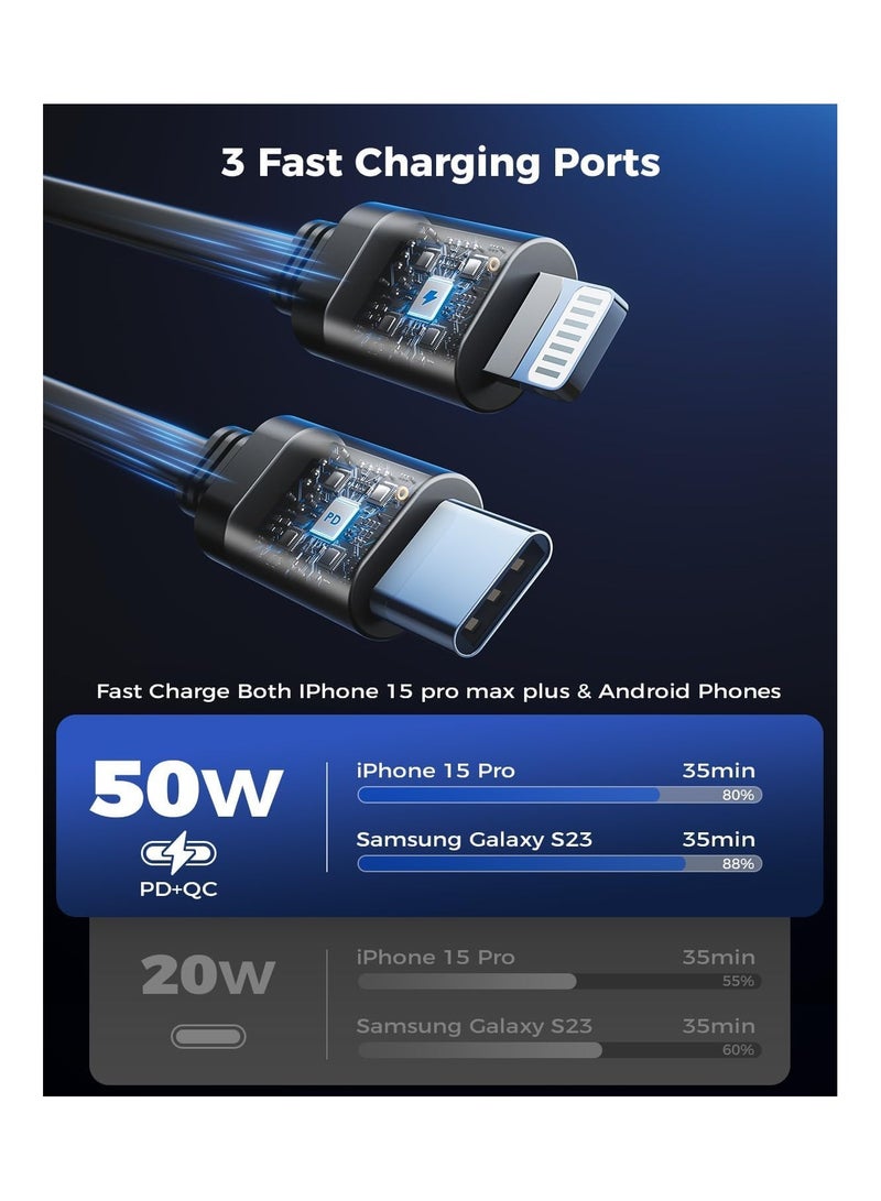 عام شاحن سيارة قابل للطي، محول سيارة صغير، شاحن 3 في 1 صغير قابل للطي، شاحن سيارة سريع 50 واط مع كابلات طي بدبل ومنافذ USB، متوافق مع iPhone 15/14/13/12 Pro Max و Samsung - Image 4