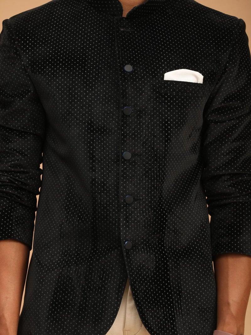 VASTRAMAY Men's Black Velvet Jodhpuri | Velvet Polka Dot Jodhpuri Coat. The Threads of The Fabric Is Woven Tightly And Has A Long Lasting Sheen, This Jodhpuri Is Deservingly Called Prince Coat. - Image 4