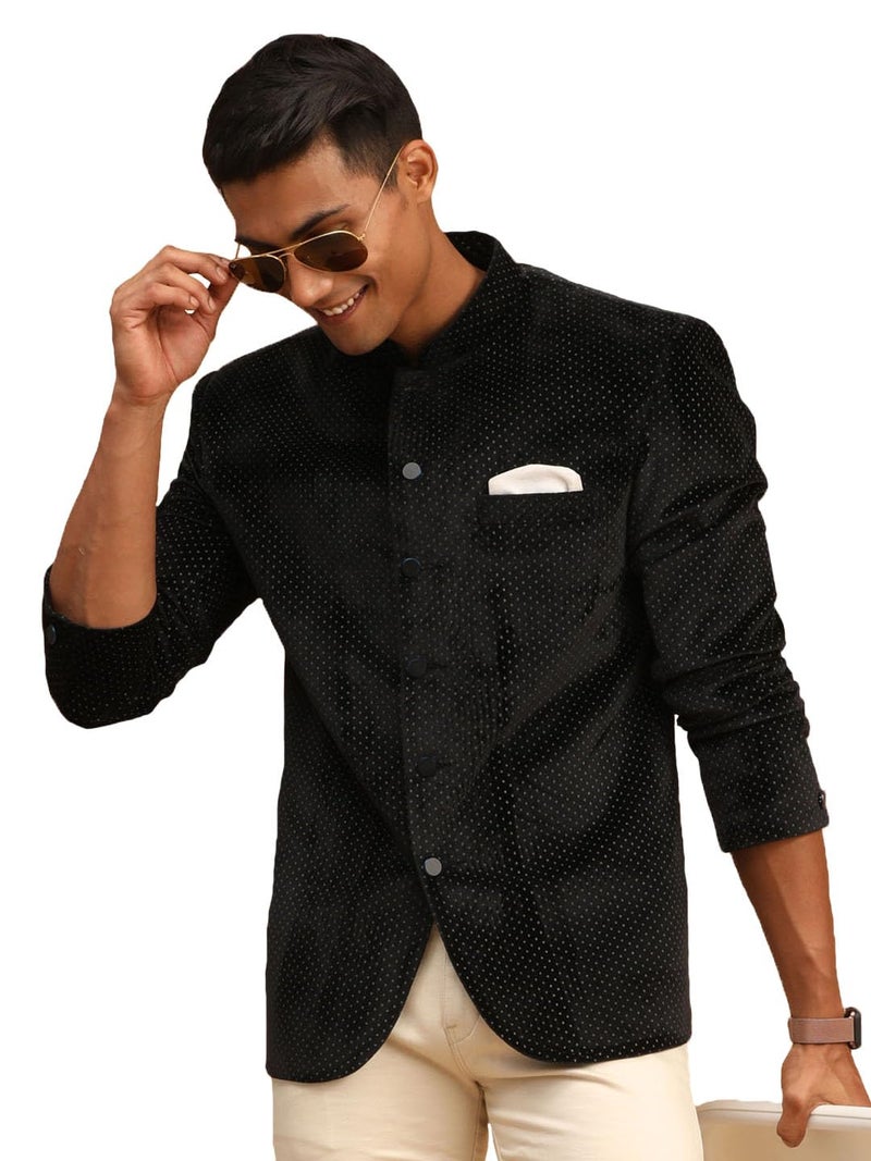 VASTRAMAY Men's Black Velvet Jodhpuri | Velvet Polka Dot Jodhpuri Coat. The Threads of The Fabric Is Woven Tightly And Has A Long Lasting Sheen, This Jodhpuri Is Deservingly Called Prince Coat. - Image 1