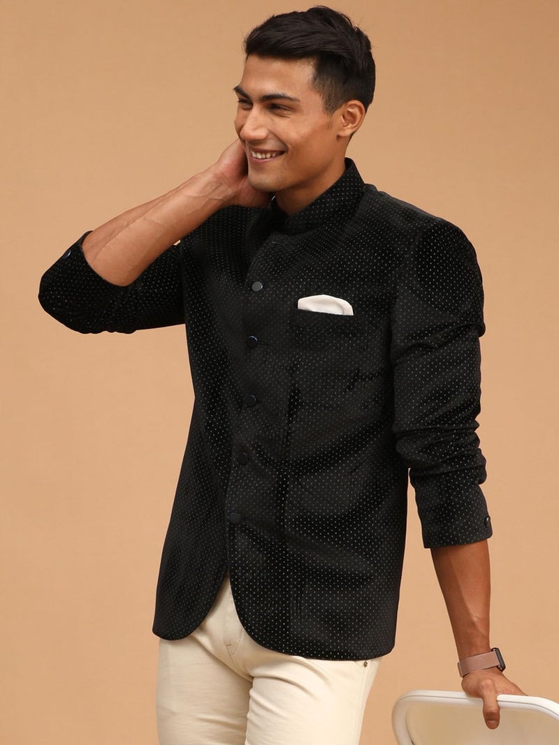 VASTRAMAY Men's Black Velvet Jodhpuri | Velvet Polka Dot Jodhpuri Coat. The Threads of The Fabric Is Woven Tightly And Has A Long Lasting Sheen, This Jodhpuri Is Deservingly Called Prince Coat. - Image 2