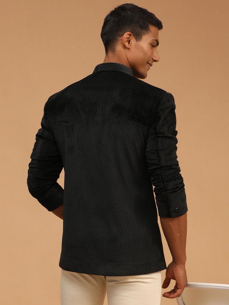 VASTRAMAY Men's Black Velvet Jodhpuri | Velvet Polka Dot Jodhpuri Coat. The Threads of The Fabric Is Woven Tightly And Has A Long Lasting Sheen, This Jodhpuri Is Deservingly Called Prince Coat. - Image 3