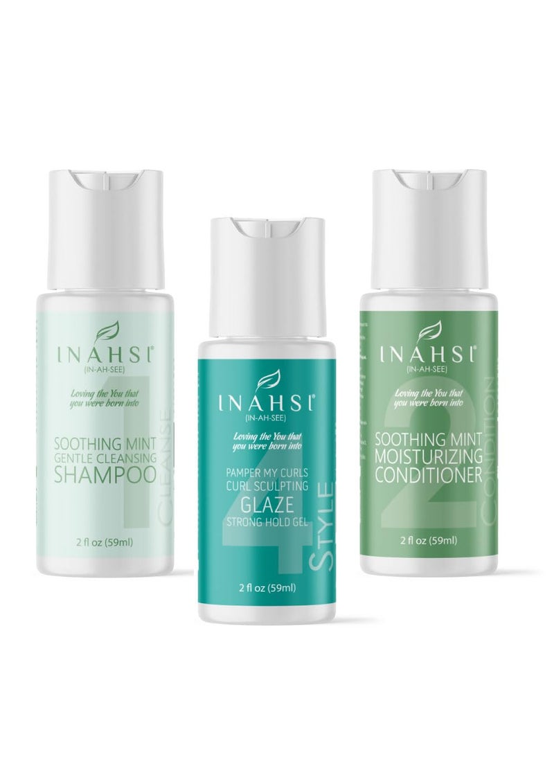 INAHSI - Sample Pack | Gentle Cleansing Shampoo | Soothing Mint Conditioner | Curl Sculpting Glaze Strong Hold Gel | Hair Products for Naturally Curly Hair | Made in the USA - Image 1