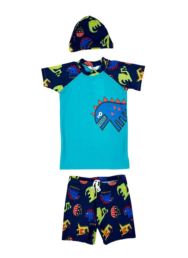 babyqlo Monster Dino 3 Pc Boys Swimsuit Set Blue