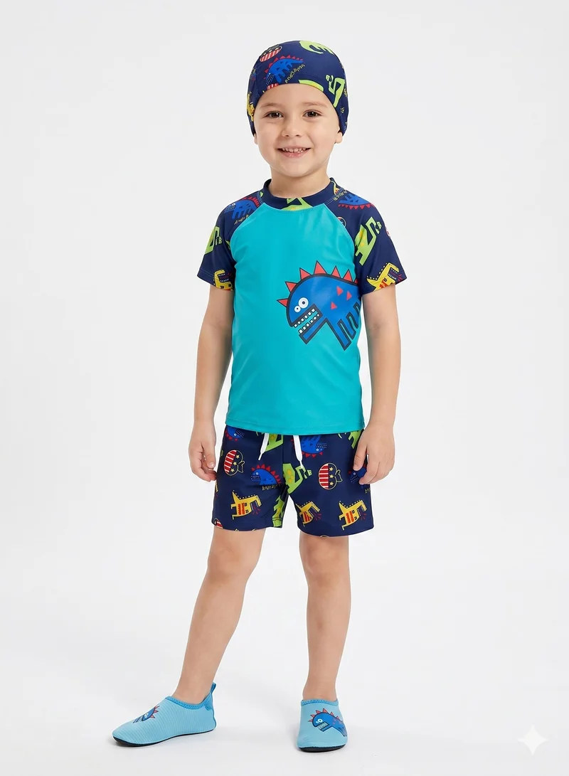 babyqlo Monster Dino 3 Pc Boys Swimsuit Set Blue