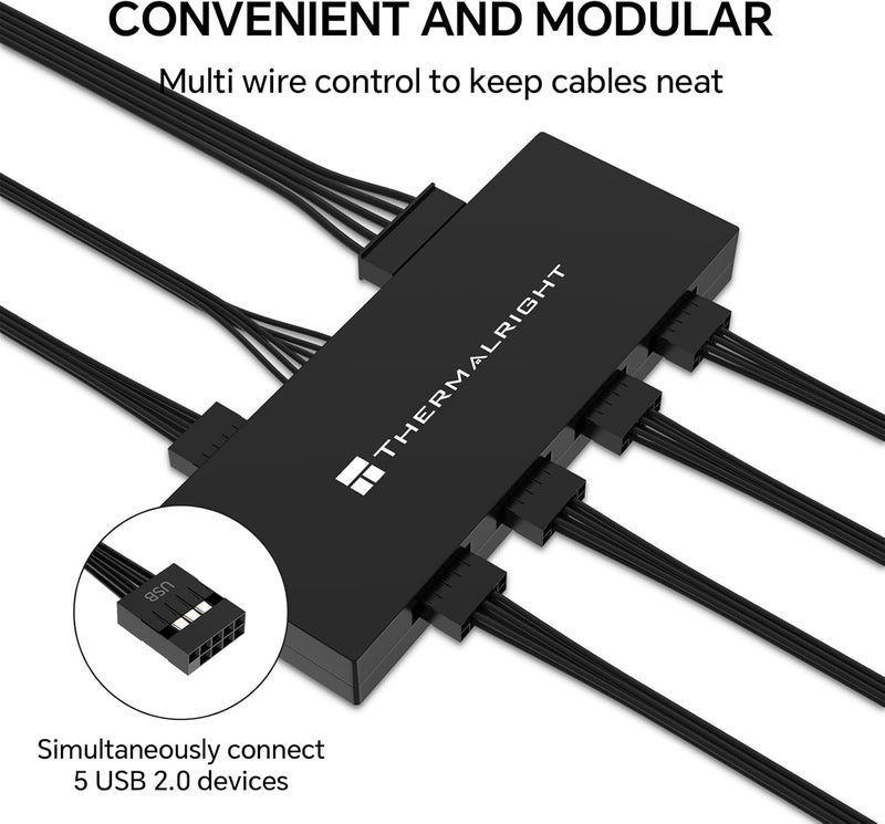 ثيرمالرايت موزع USB 2.0 داخلي من X5، يعمل بالطاقة عبر SATA، مع قاعدة مغناطيسية، توسعة USB ذات 9 سنون للوحة الأم للكمبيوت�� (أسود) - Image 3