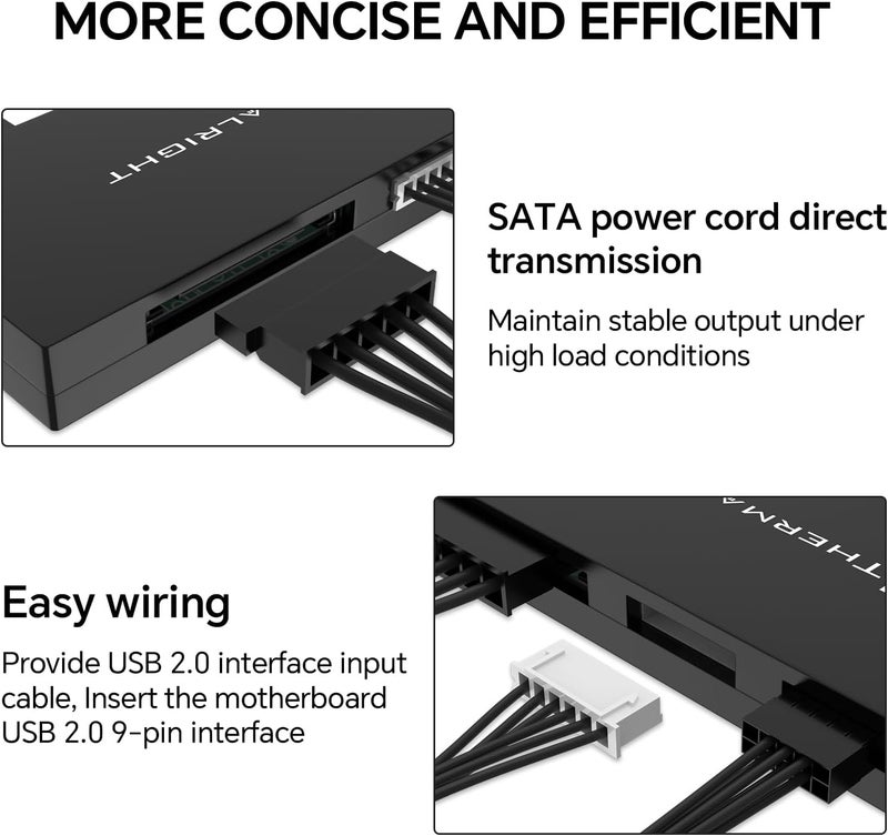 ثيرمالرايت موزع USB 2.0 داخلي من X5، يعمل بالطاقة عبر SATA، مع قاعدة مغناطيسية، توسعة USB ذات 9 سنون للوحة الأم للكمبيوت�� (أسود) - Image 4