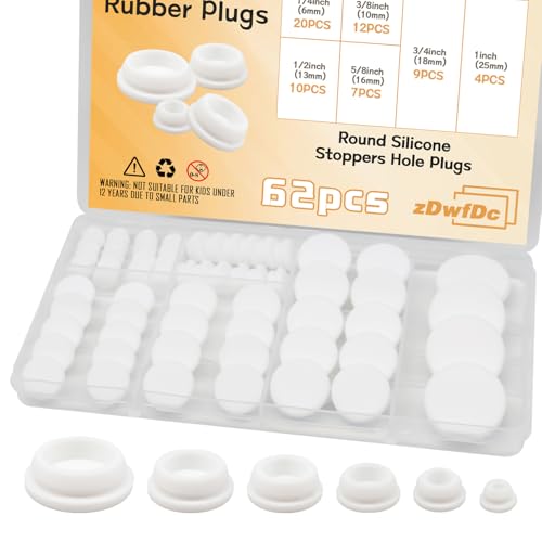 zDwfDc 62PCS 6 Sizes White Rubber Hole Plugs for Round Holes Silicone Plugs, 1" 3/4" 5/8" 1/2" 3/8" 1/4" Round Rubber Plug Snap Locking, Used for Furniture DD036-w - Image 1