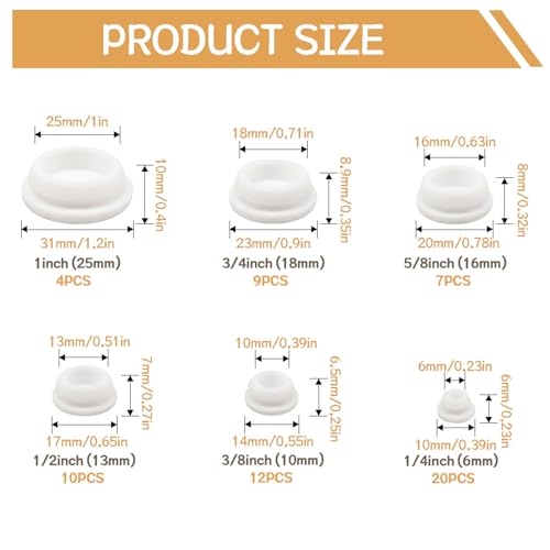 zDwfDc 62PCS 6 Sizes White Rubber Hole Plugs for Round Holes Silicone Plugs, 1" 3/4" 5/8" 1/2" 3/8" 1/4" Round Rubber Plug Snap Locking, Used for Furniture DD036-w - Image 2