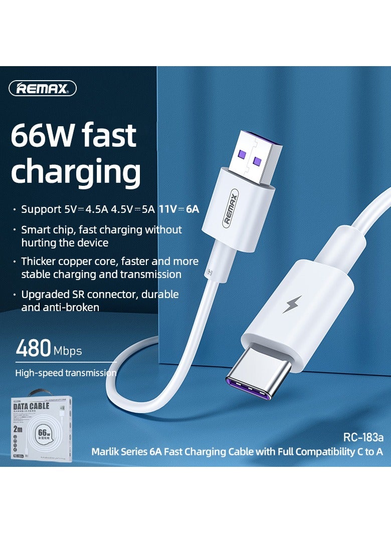 REMAX كابل شحن سريع PD RC-183a Marlik Series USB-A إلى Type C، USB C، 5A 66 W، كابل شحن، كابل بيانات، 2 متر، طويل، أبيض، عالي الجودة مع شهادة CE وFCC وRoHS - Image 2