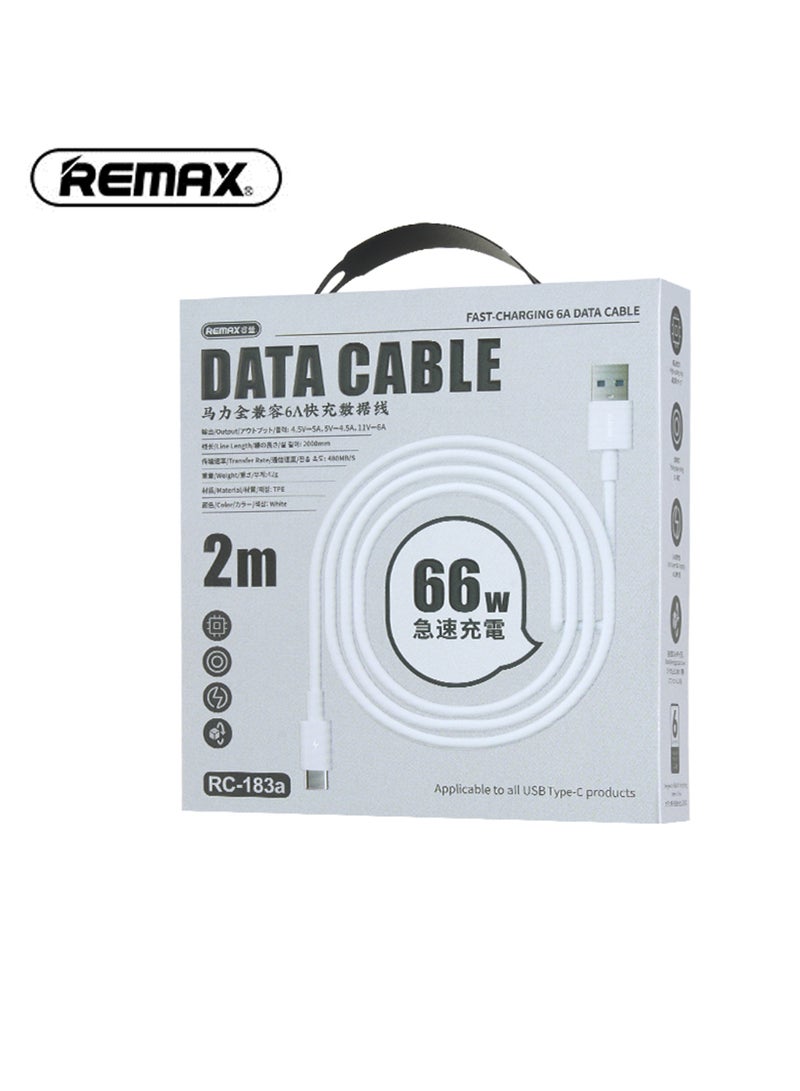 REMAX كابل شحن سريع PD RC-183a Marlik Series USB-A إلى Type C، USB C، 5A 66 W، كابل شحن، كابل بيانات، 2 متر، طويل، أبيض، عالي الجودة مع شهادة CE وFCC وRoHS - Image 3