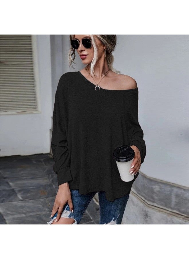 Autumn And Winter  European And American Women's Solid Color Loose Lace-up Shoulder T-shirt