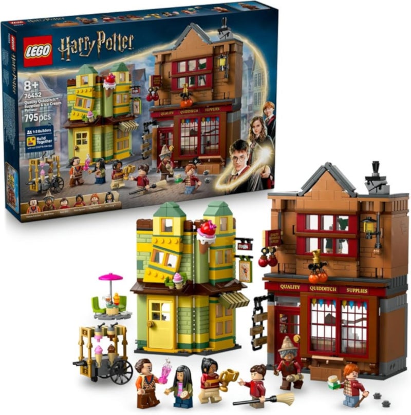 Harry Potter Quality Quidditch Supplies & Ice Cream Parlour Set with 2 Diagon Aley Shop Toys, 6 Minifigures & Accessories incl. a Nimbus 2000 Broom - Gift for 8+ Year Old Boys & Girls - 76452