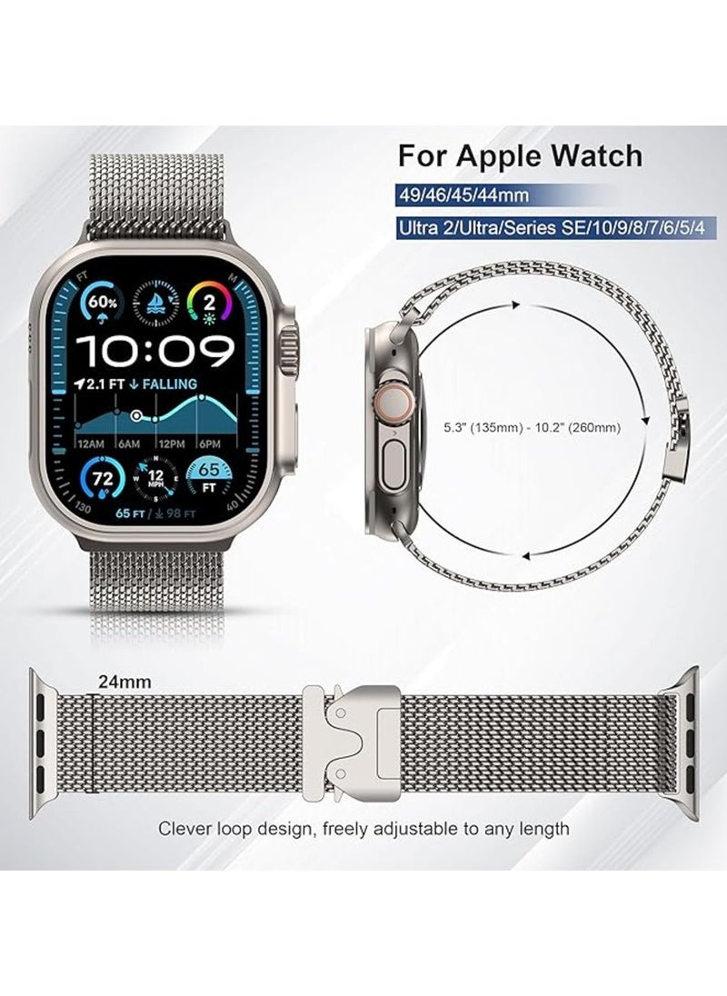 Generic - Titanium Milanese Mesh Loop Band Compatible with Apple Watch Ultra 1/2 49mm 46mm 45mm 44mm 42mm Men Women, Designer Parachute-Style Metal Buckle Adjustable Strap for iWatch SE Series 10 9 8 7 6 5 4 3 2 1 SE - Image 1