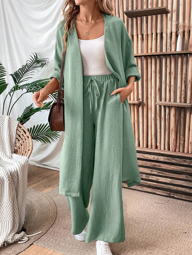 Women's Casual Two-Piece Set: Long Cardigan & Wide-Leg Pants, Loose Fit, Spring/Autumn