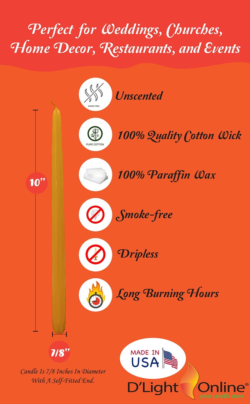 D'light Online 10" Autumn Yellow Elegant Taper Candles Premium Quality Candles, Unscented, Hand-Dipped Tapered Candles, Dripless and Smokeless - Set of 12 Individually Wrapped (10 Inch, Autumn Yellow) - Image 2