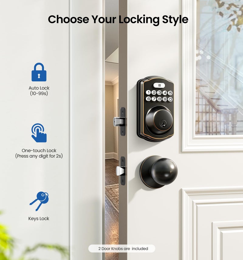 Veise Keyless Entry Door Lock with 2 Knobs, Electronic Backlit Keypad Deadbolt with Handle Set, Auto Lock, One-time Codes, Smart Deadbolt for Front Door, Easy Installation, Oil-Rubbed Bronze - Image 3