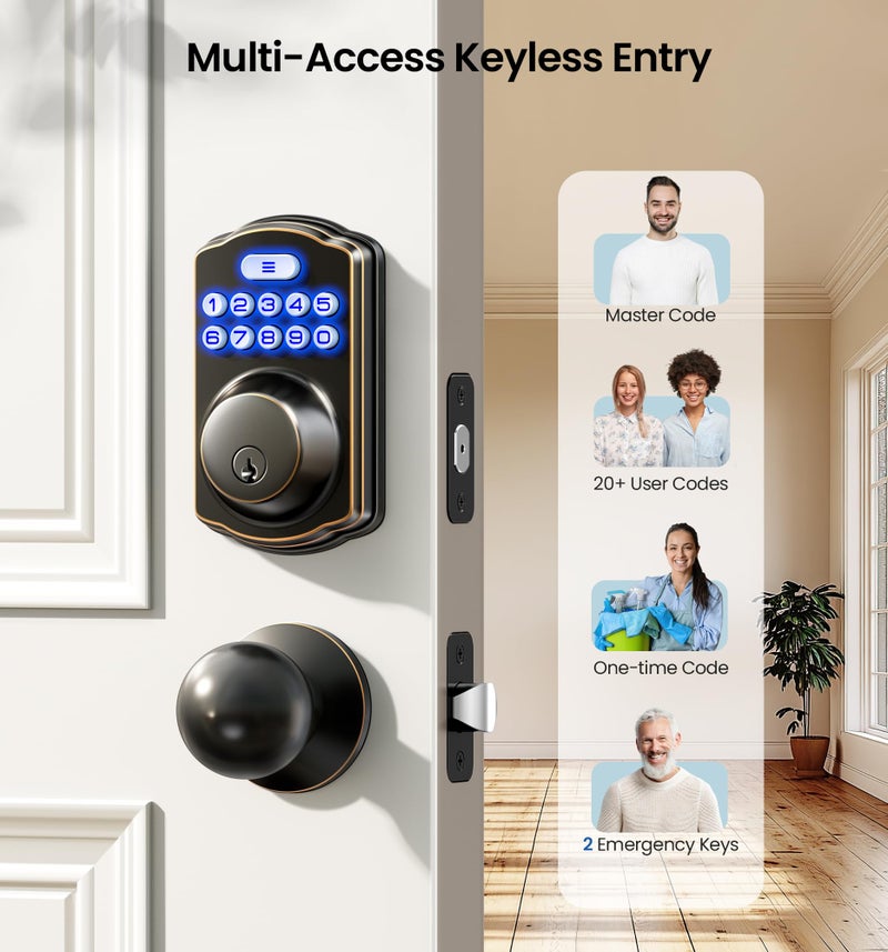 Veise Keyless Entry Door Lock with 2 Knobs, Electronic Backlit Keypad Deadbolt with Handle Set, Auto Lock, One-time Codes, Smart Deadbolt for Front Door, Easy Installation, Oil-Rubbed Bronze - Image 2