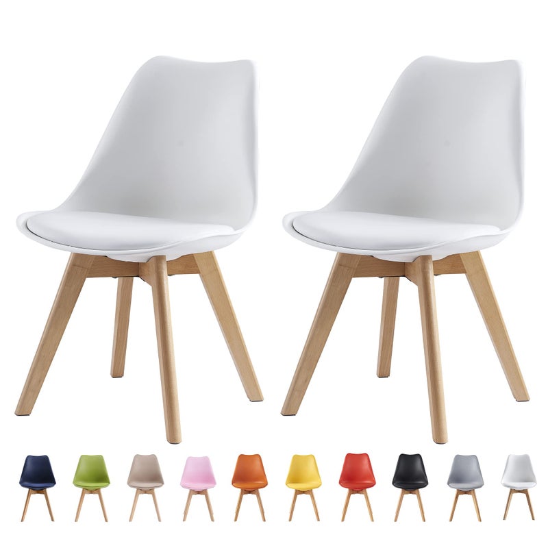 mcc direct Set of 2 Dining Chairs Wooden Legs Soft Cushion Pad Stylish DELUXE Retro Lounge Dining Office EVA White
