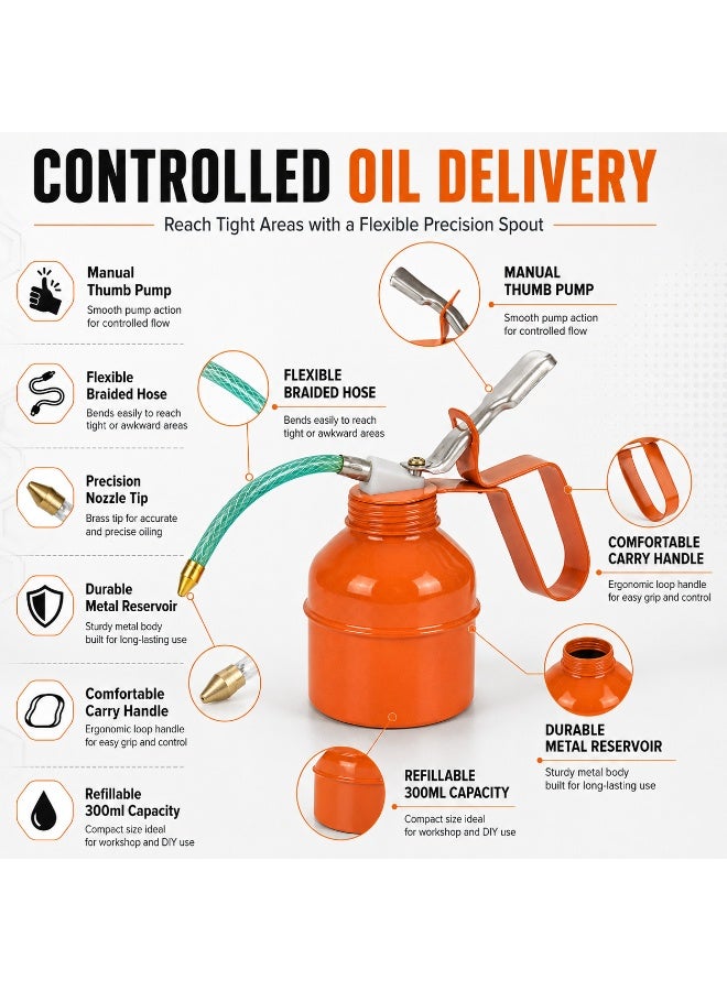 Sparta 300ml Metal Oil Can with Flexible Spout, Manual Lubricating Oil Dispenser, Precision Lubrication Oiler for Machinery, Automotive, Bicycle, Workshop & Industrial Maintenance - Image 2