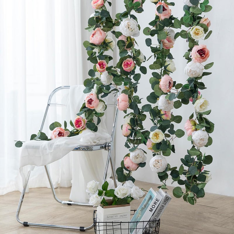 Floweroyal 2 Pack Artificial Flower Garlands 11.2FT Eucalyptus Garlands with Flowers 8 Head Peony Flower Vine Faux Floral Garland for Wedding Arch Table Wall Backdrop Wreath Decoration. (Pink & White) - Image 5