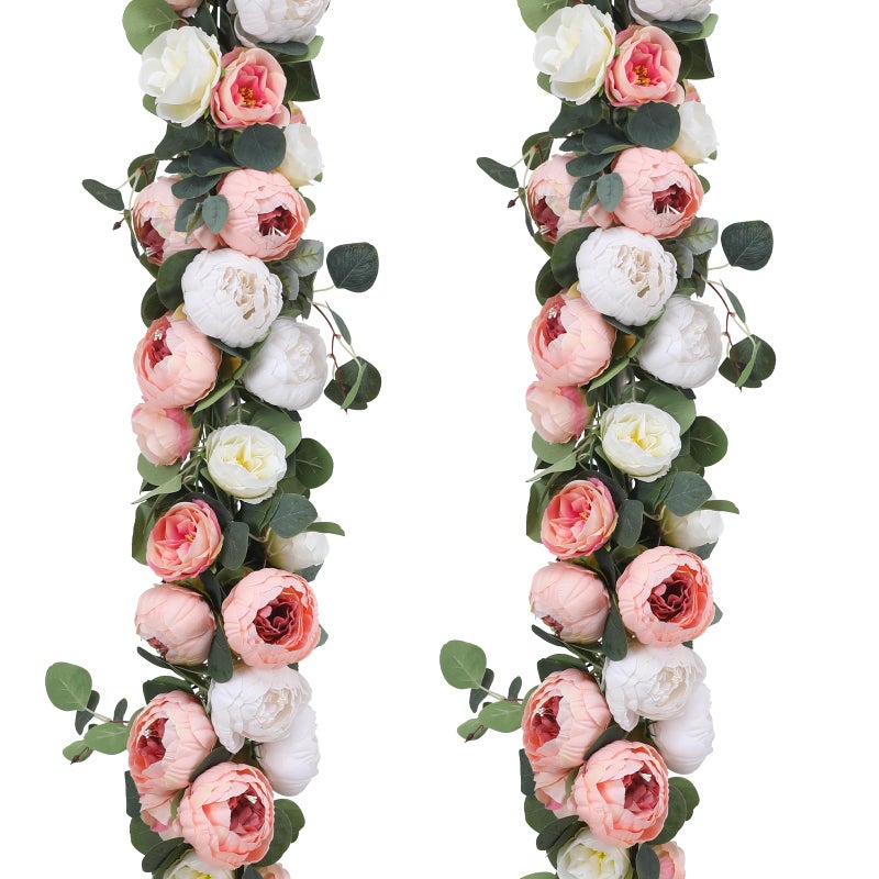 Floweroyal 2 Pack Artificial Flower Garlands 11.2FT Eucalyptus Garlands with Flowers 8 Head Peony Flower Vine Faux Floral Garland for Wedding Arch Table Wall Backdrop Wreath Decoration. (Pink & White) - Image 1