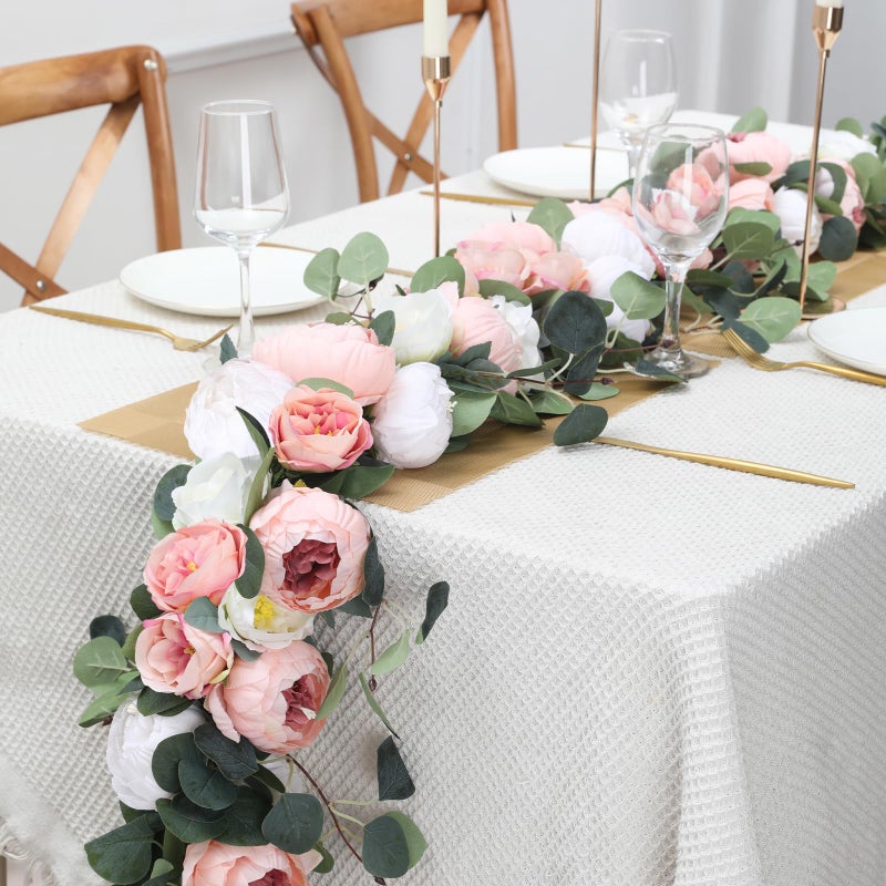 Floweroyal 2 Pack Artificial Flower Garlands 11.2FT Eucalyptus Garlands with Flowers 8 Head Peony Flower Vine Faux Floral Garland for Wedding Arch Table Wall Backdrop Wreath Decoration. (Pink & White) - Image 4